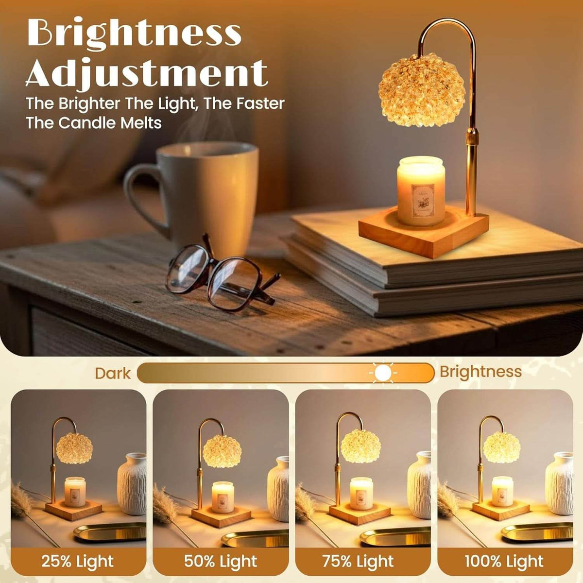 Crystal candle warmer lamp with a timer and adjustable height.