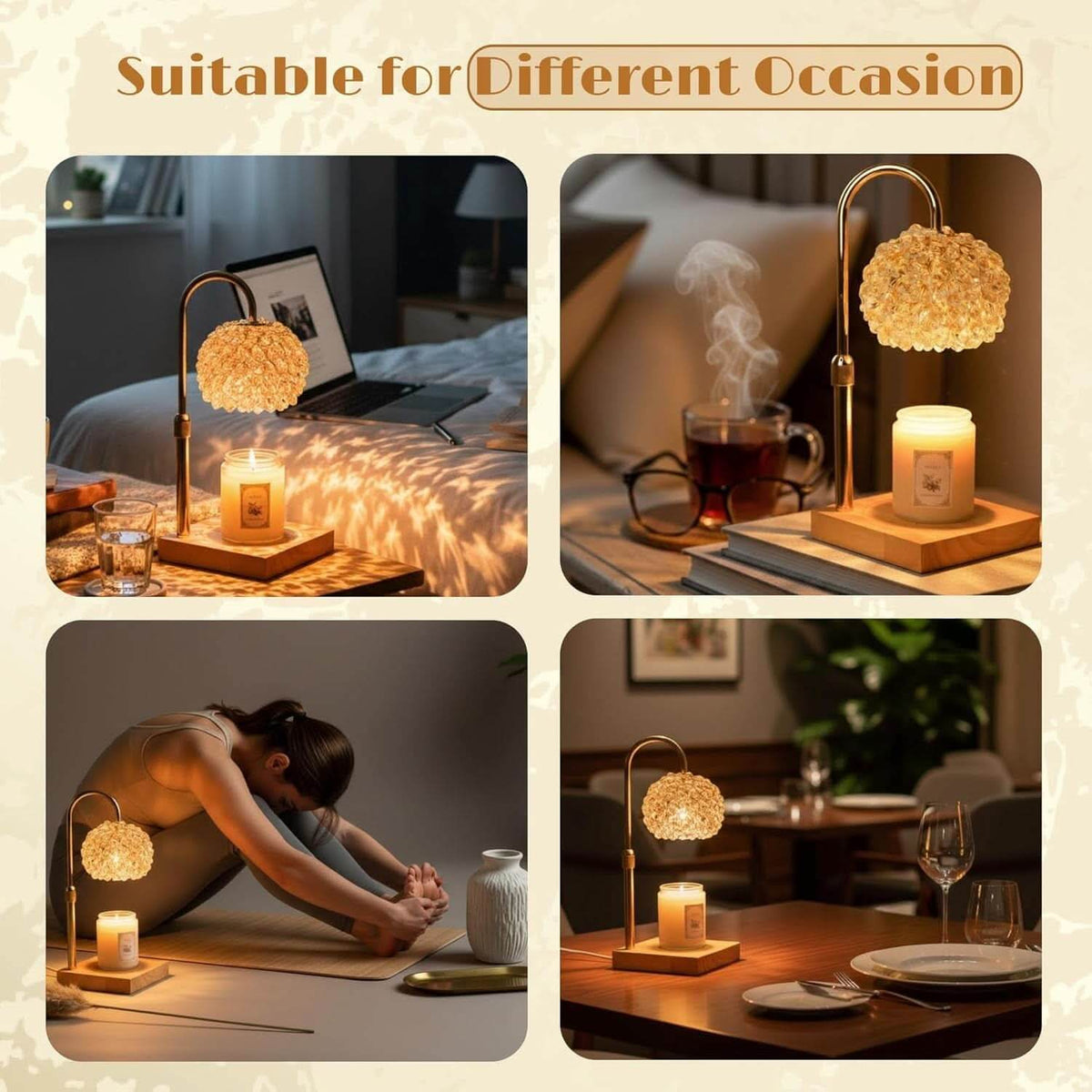 Crystal candle warmer lamp with a timer and adjustable height.