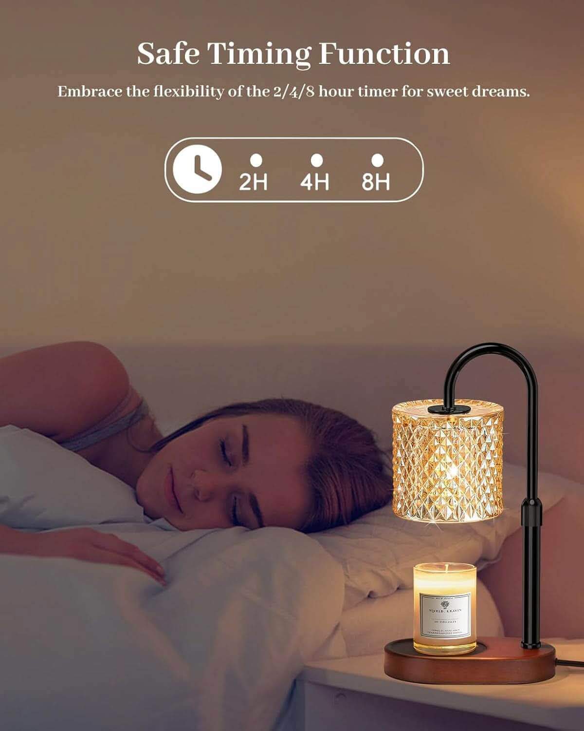 Candle warmer lamp with 4-level dimmer and timer for flame-free fragrance.