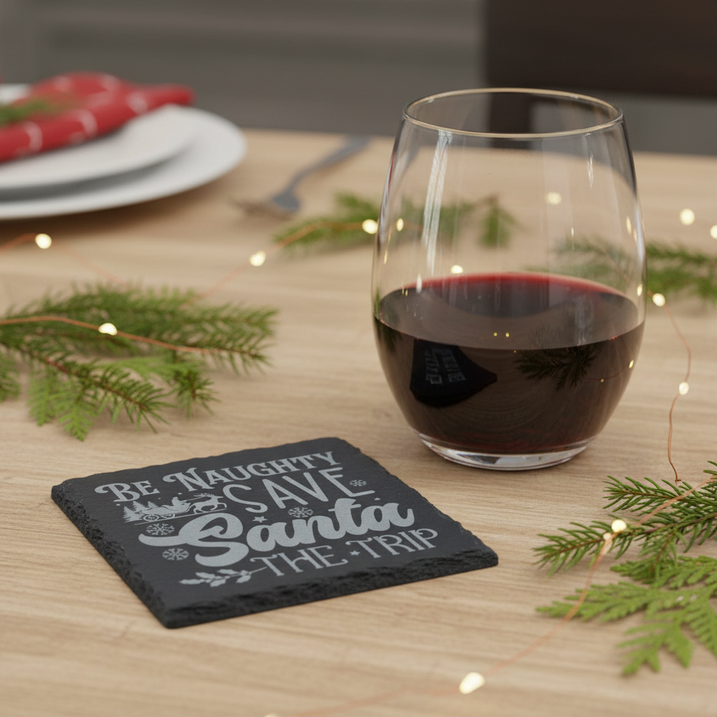 Christmas slate coaster beside a wine glass