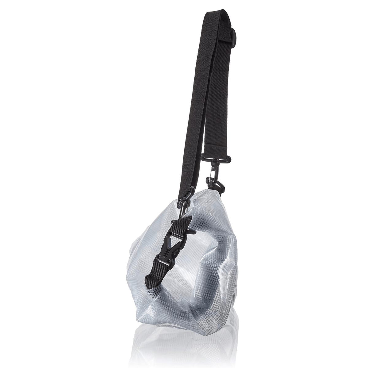 Clear 10-liter waterproof dry bag for keeping gear dry during water adventures.