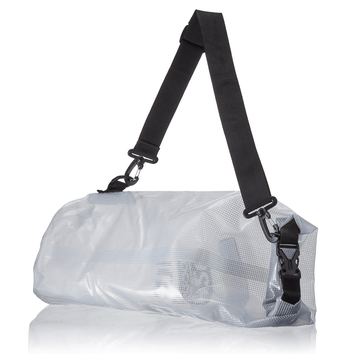 Clear 10-liter waterproof dry bag for keeping gear dry during water adventures.