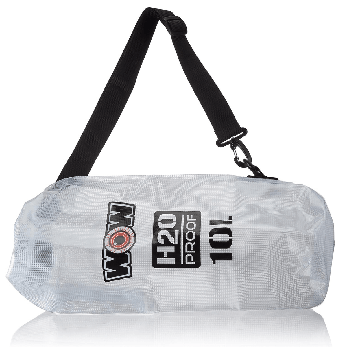 Clear 10-liter waterproof dry bag for keeping gear dry during water adventures.