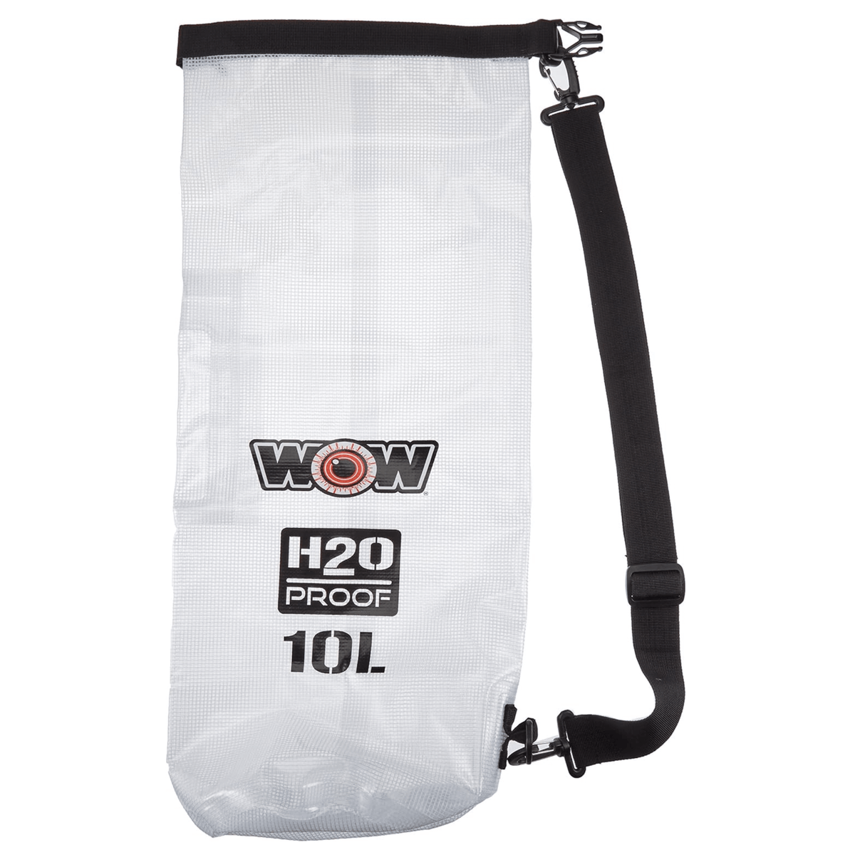 Clear 10-liter waterproof dry bag for keeping gear dry during water adventures.