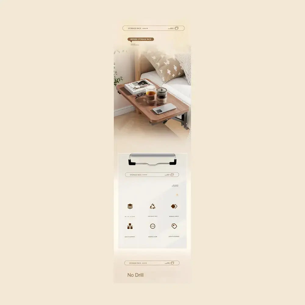 Clip-on bedside shelf organizer folded flat for compact storage when not in use.