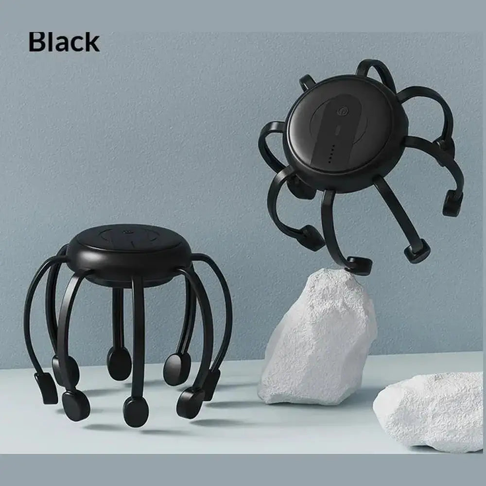 Cordless electric scalp massager in sleek black design with a rotating head, perfect for relaxation and travel.