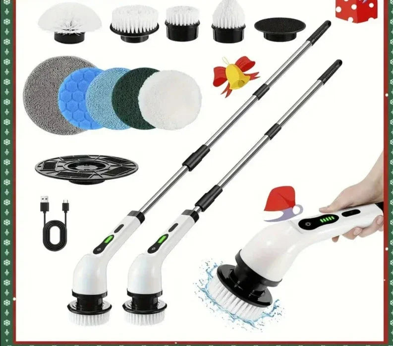 Cordless electric rotary cleaning brush with replaceable heads for bathrooms, kitchens, and floors.