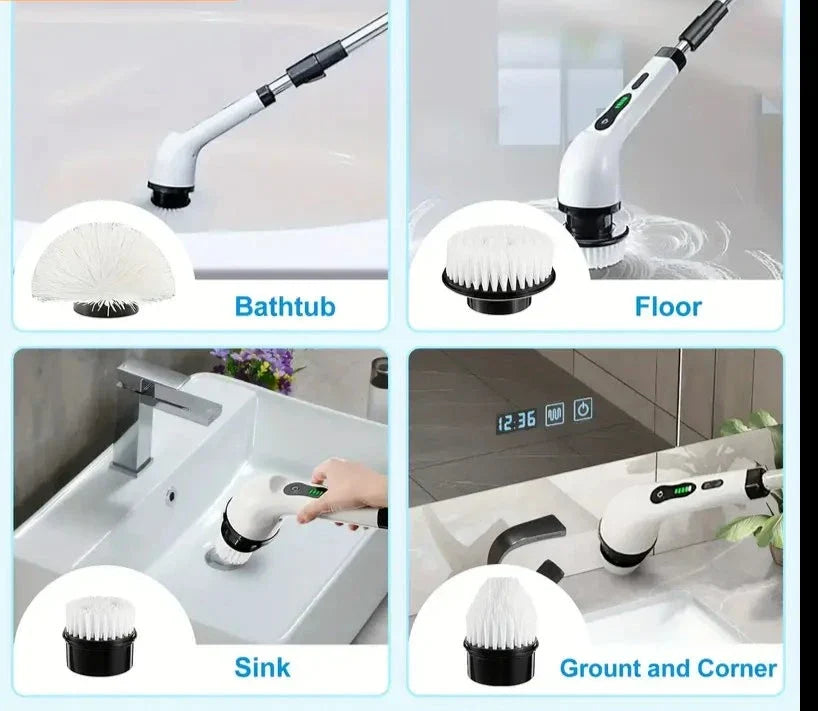 Cordless electric rotary cleaning brush with replaceable heads for bathrooms, kitchens, and floors.