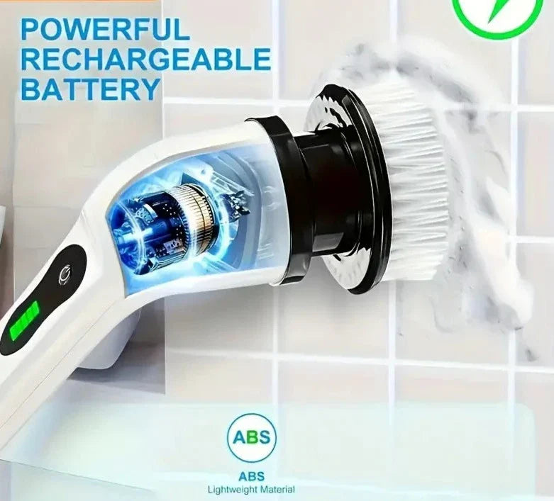 Cordless electric rotary cleaning brush with replaceable heads for bathrooms, kitchens, and floors.