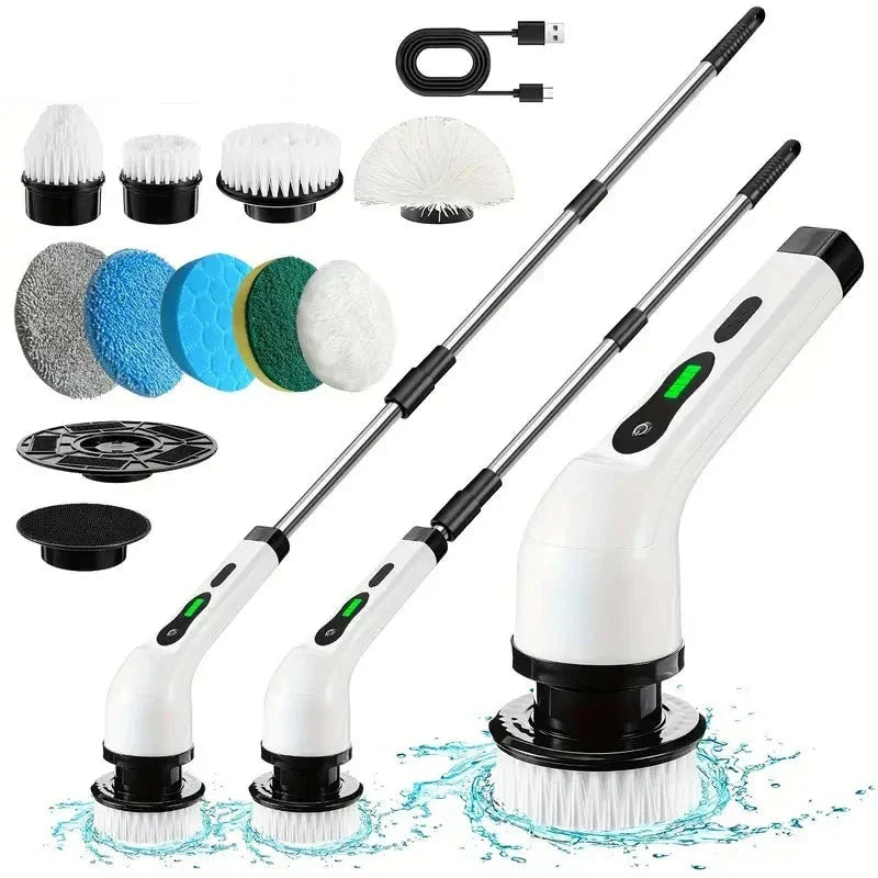 Cordless electric rotary cleaning brush with replaceable heads for bathrooms, kitchens, and floors.
