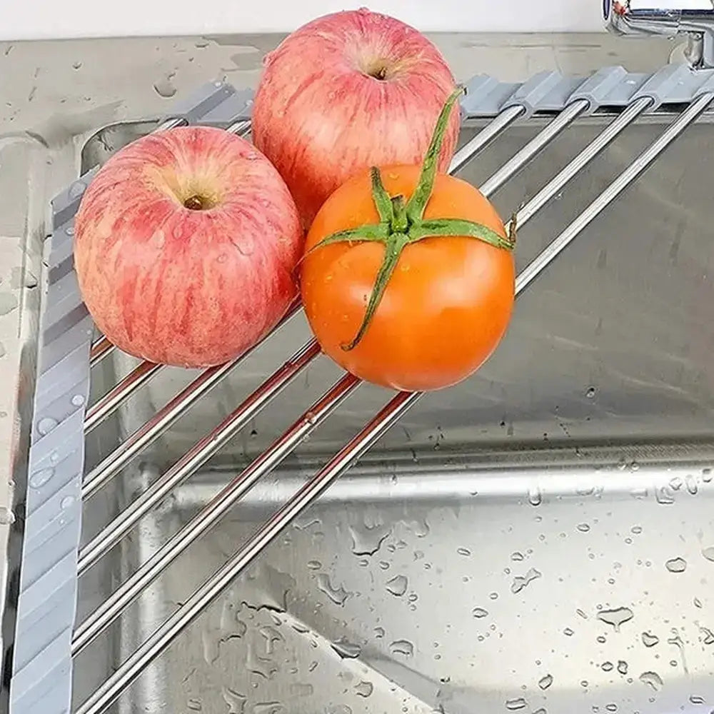 Close-up of the corner sink dish drying rack's stainless steel wire construction.