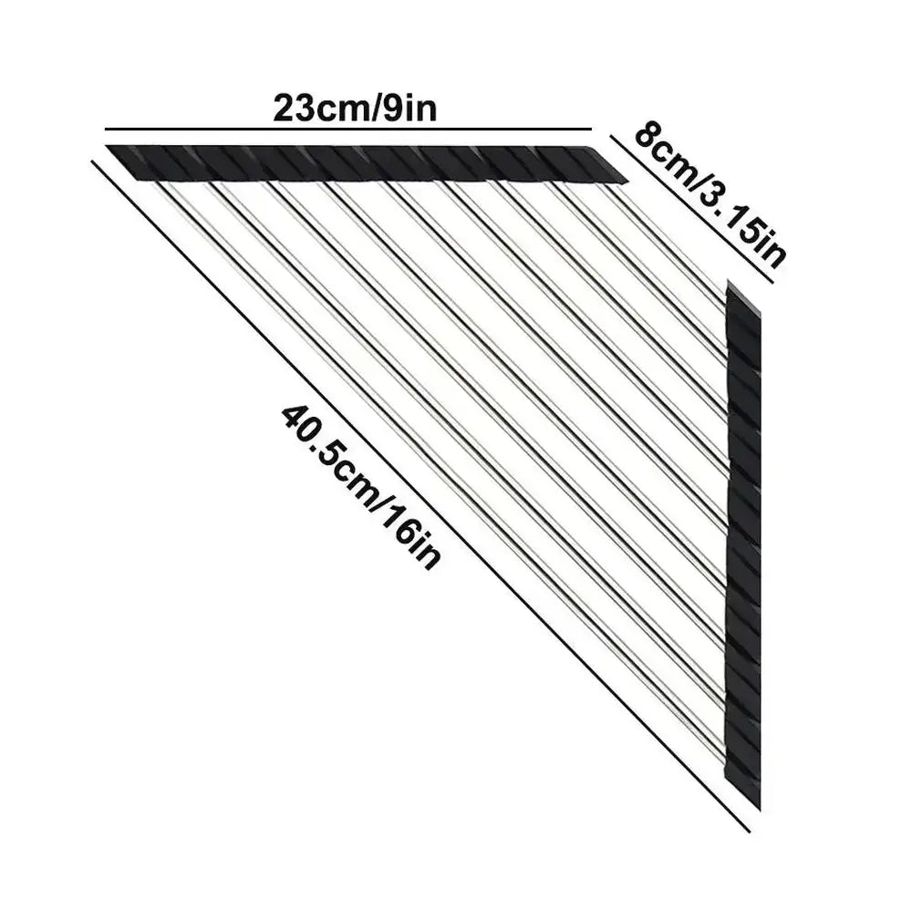 Foldable triangle dish drying rack dimensions for corner sink dish drying rack, measuring 23cm and 40.5cm.