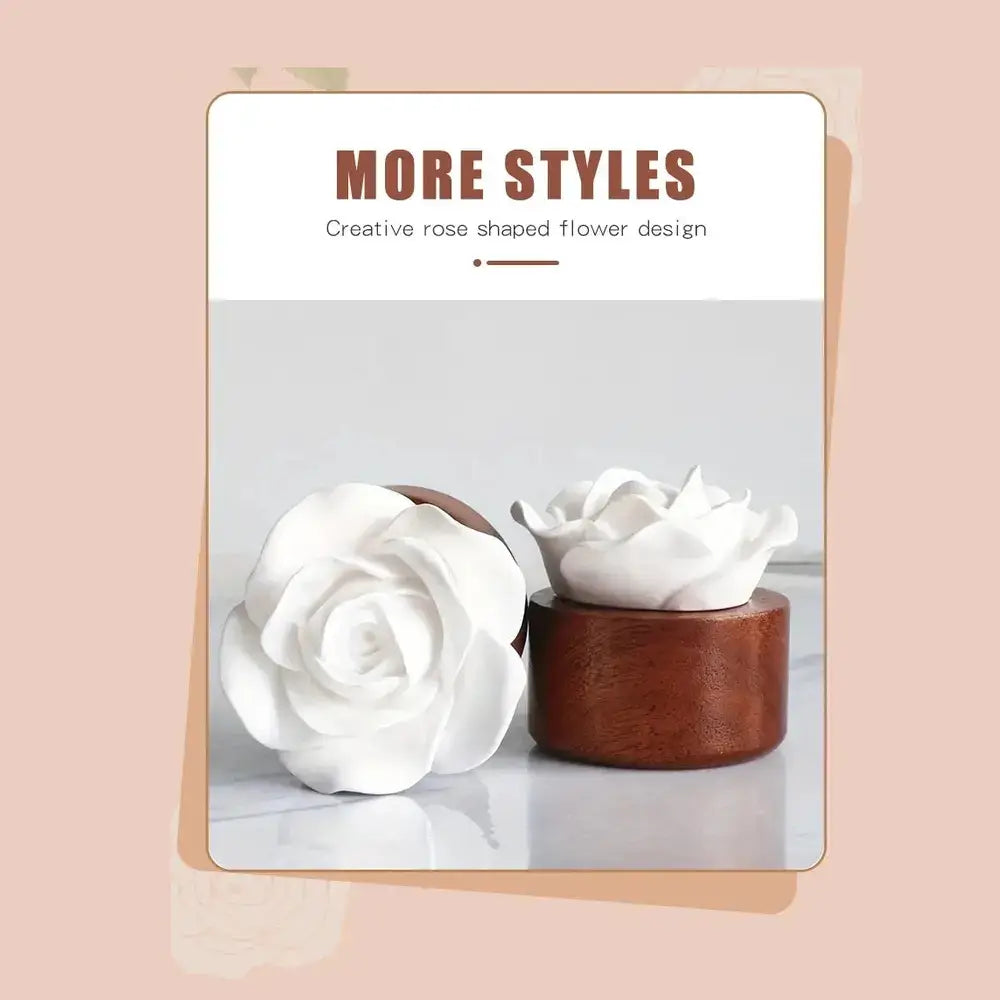 Flower aroma diffuser for home featuring beautiful rose design, showcasing stylish ceramic and wooden elements.