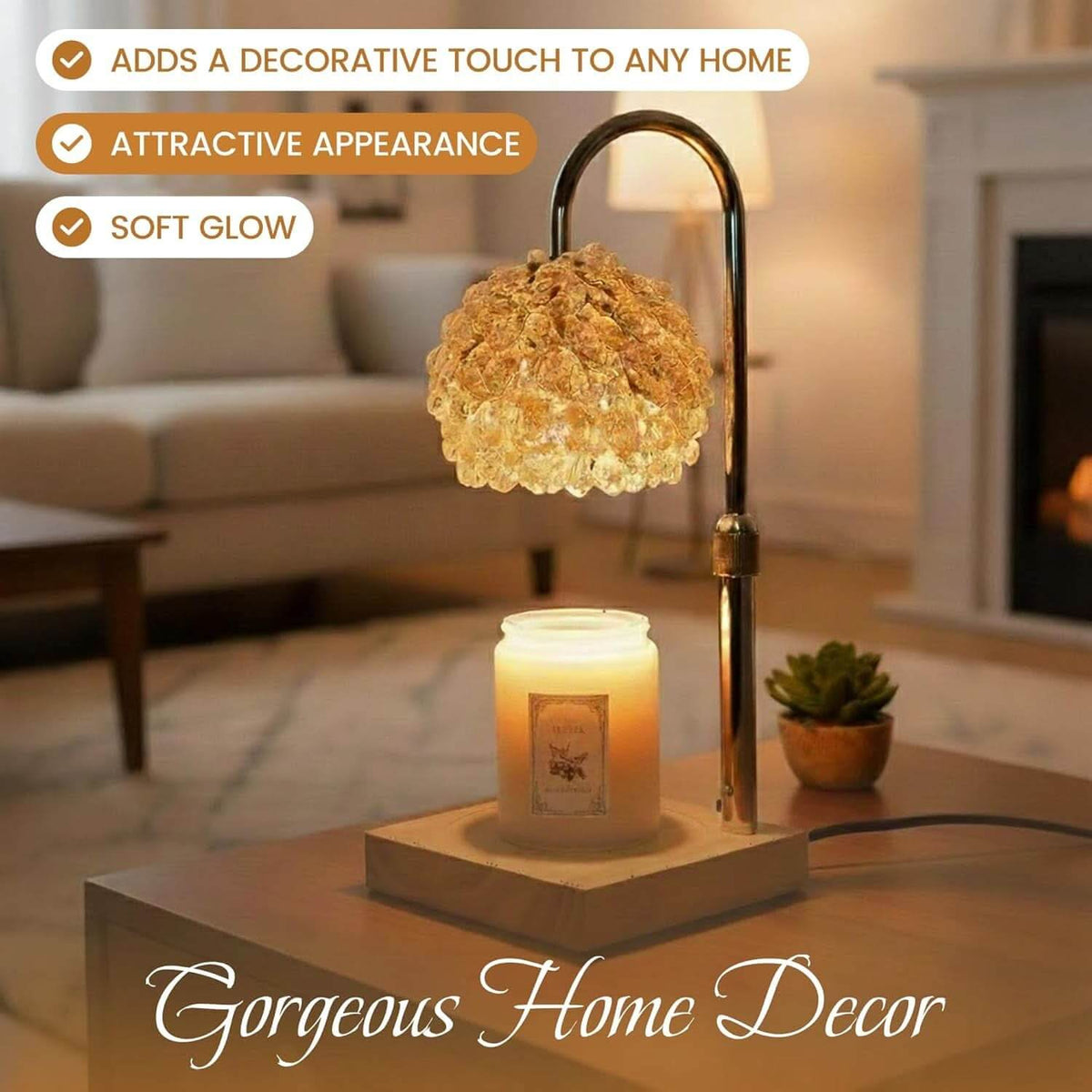 Crystal candle warmer lamp with a timer and adjustable height.