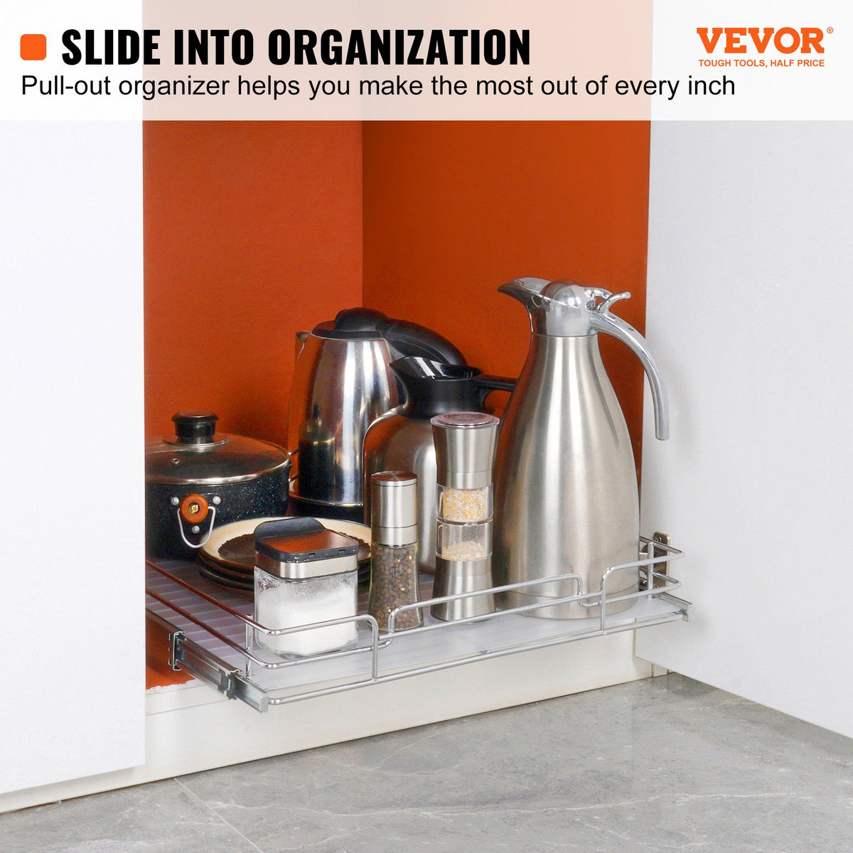 Heavy-duty pull-out cabinet organizer holding kitchen bottles, cookware and supplies, 14 x 21 in