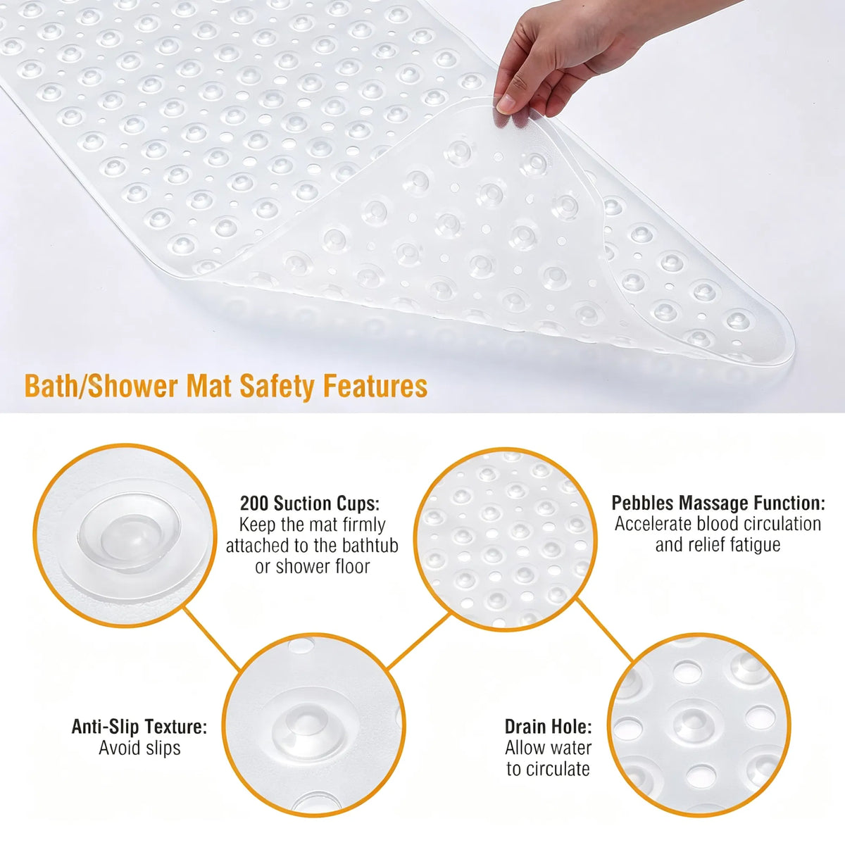 non-slip tub mat with suction cups showing drain holes and pebble texture for secure tub grip