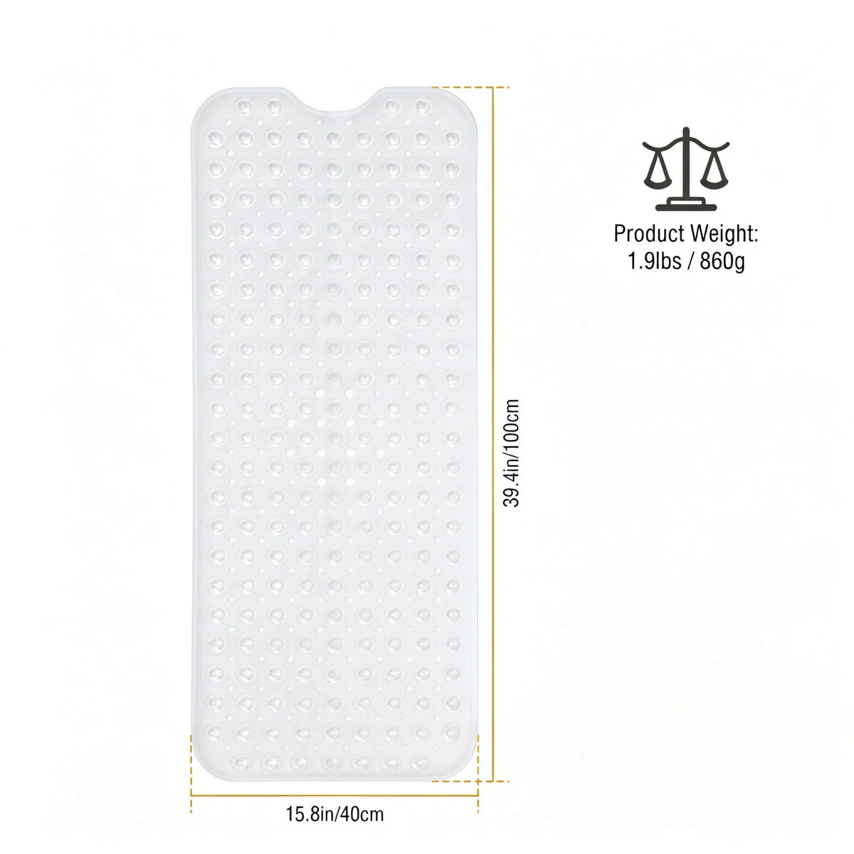 non-slip tub mat with suction cups shown from above with dimensions and product weight