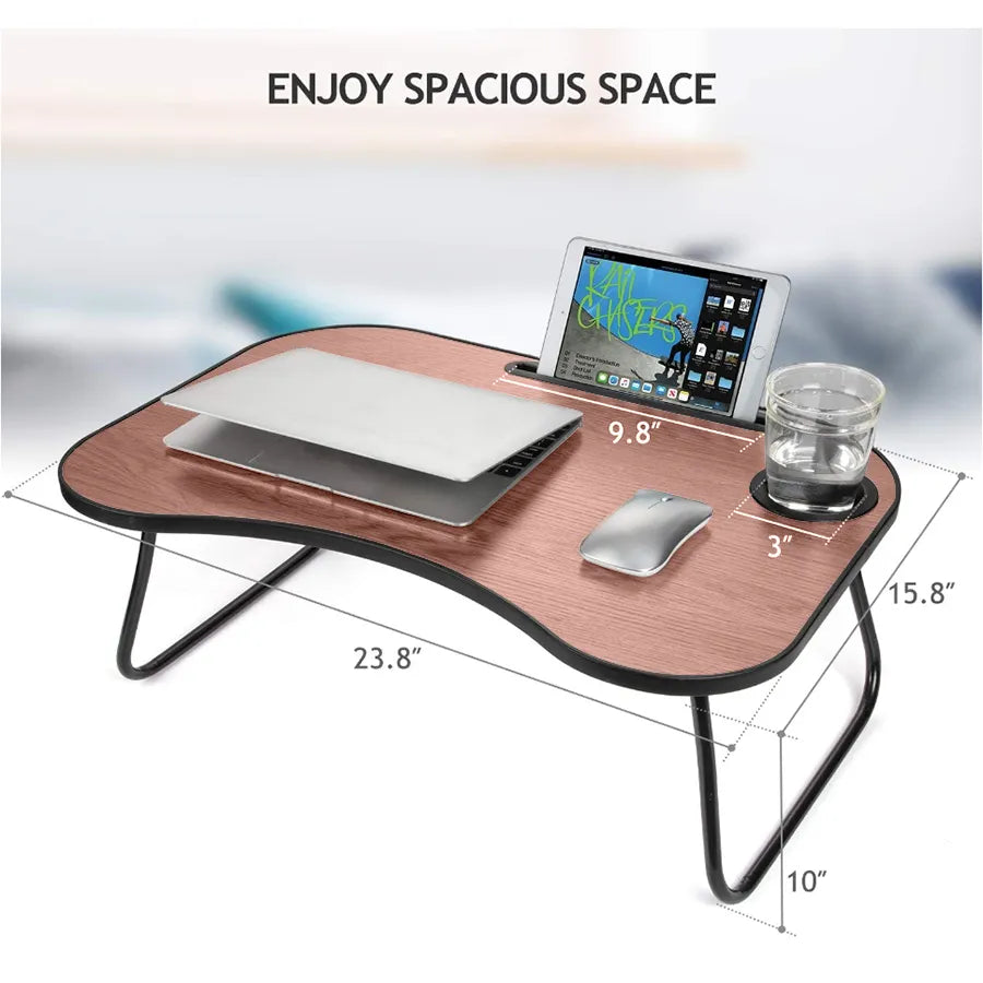 folding lap desk with cup holder in black walnut finish with laptop, mouse, and beverage cup on spacious surface