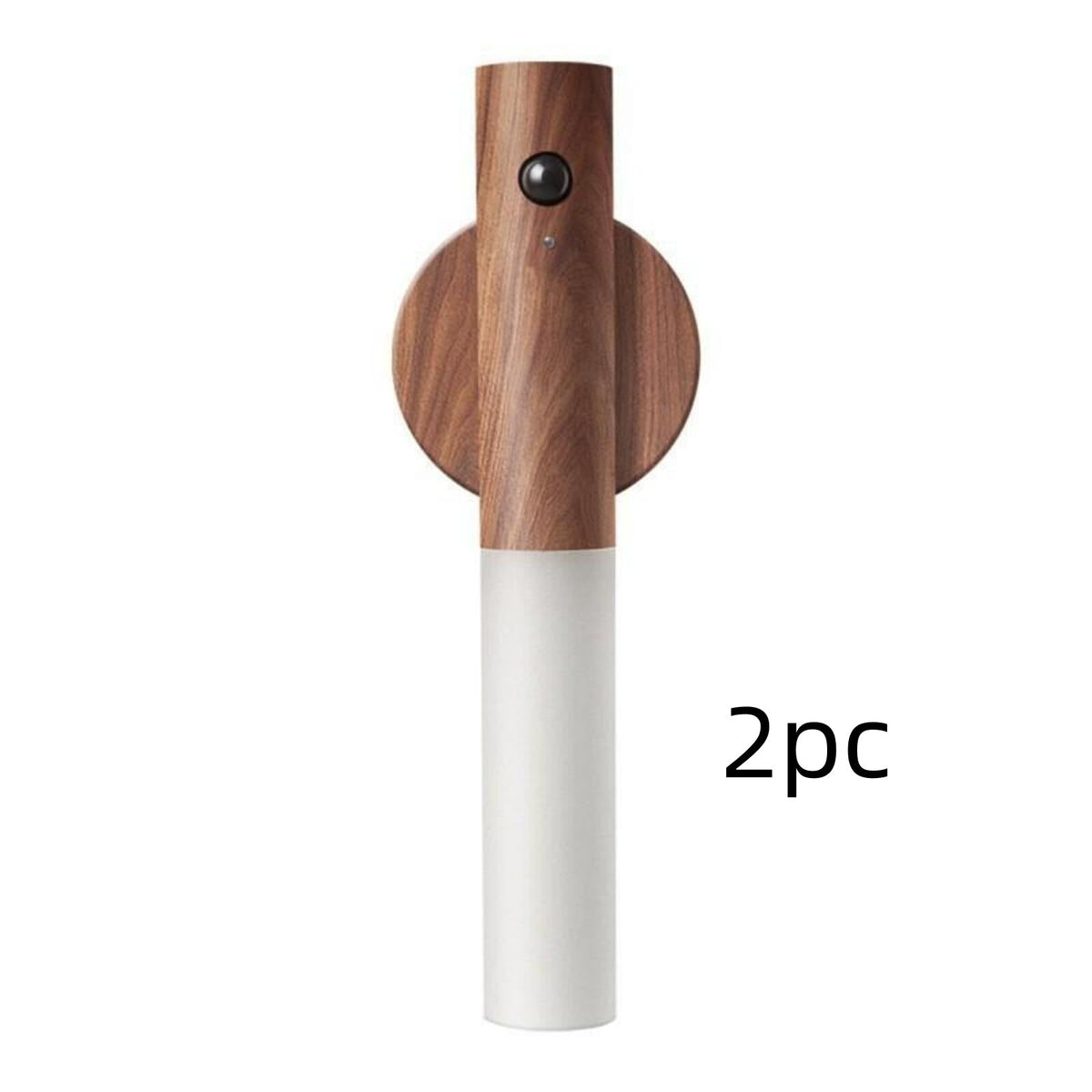 Dark rechargeable motion sensor night light with wood-finish base and white cylinder, 2-piece set for hallways and bedside