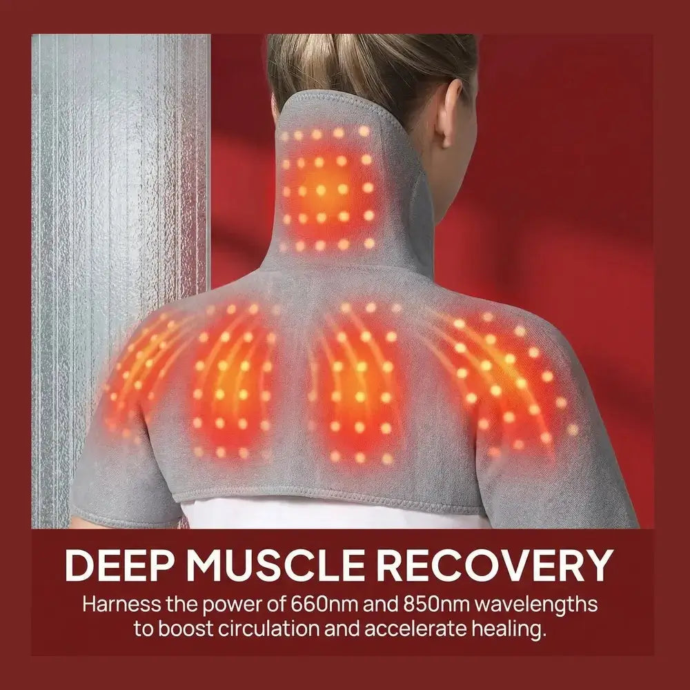 Neck and shoulder heating pad with massage for deep muscle recovery, featuring soothing light therapy to enhance circulation.