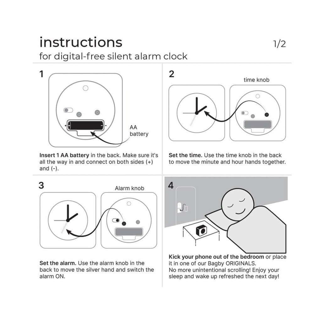 Instructions for using the silent wooden alarm clock, focusing on ease of setup and minimal distraction.