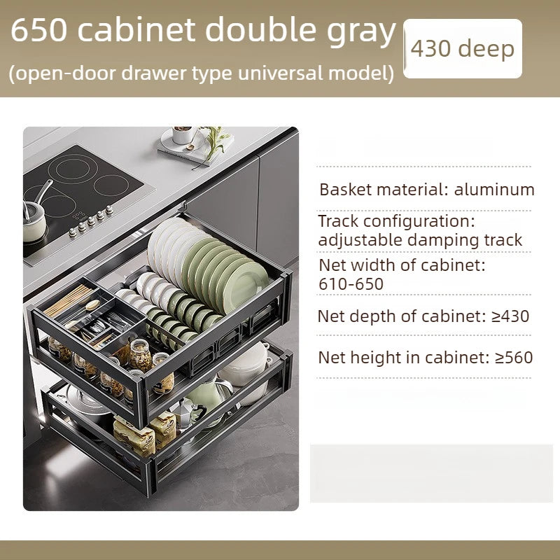 Pull-Out Cabinet Organizer with Sliding Baskets, 600–800 mm in 650 cabinet double gray, 430 deep with aluminum baskets.