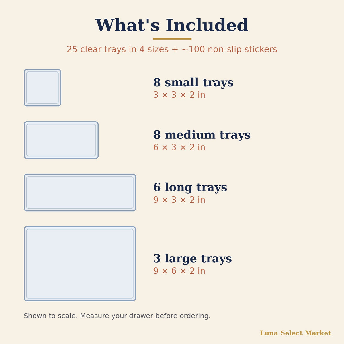clear drawer organizer set with 25 trays in 4 sizes - small, medium, long, and large