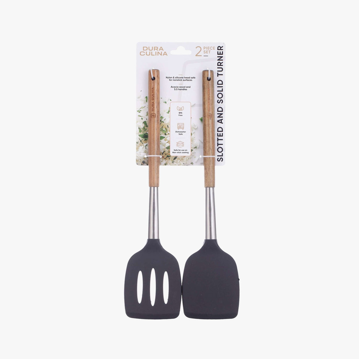 Acacia wood silicone turner set featuring a solid and slotted turner for versatile cooking tasks.