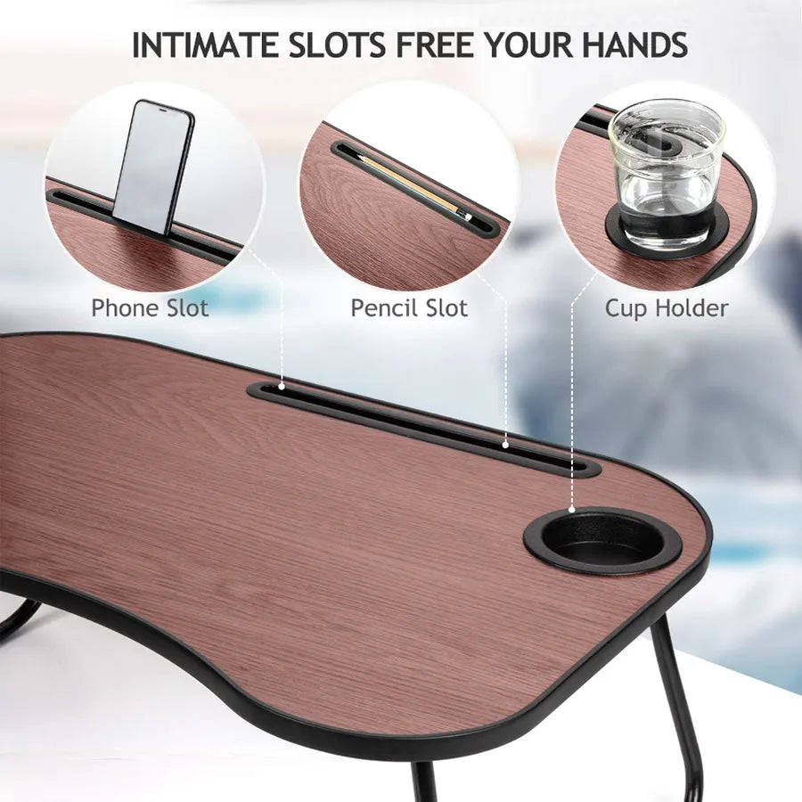 folding lap desk with cup holder featuring phone slot, pencil slot, and cup holder with black walnut finish