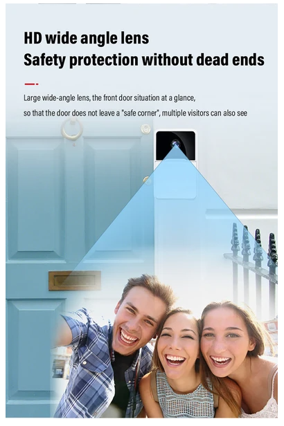 wireless video doorbell with night vision showing HD wide-angle lens coverage of front door and visitors