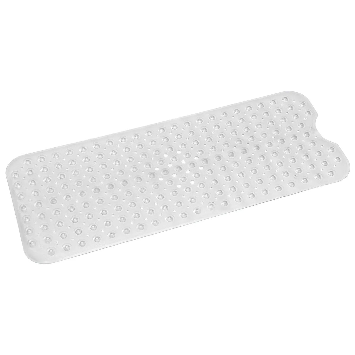 non-slip tub mat with suction cups featuring raised pebble texture and drain holes
