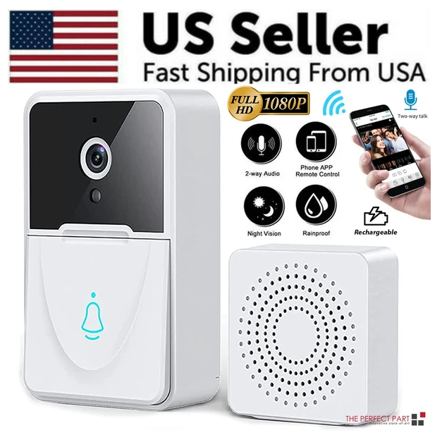 wireless video doorbell with night vision featuring 1080p HD, two-way audio, phone app control, and night vision for home security
