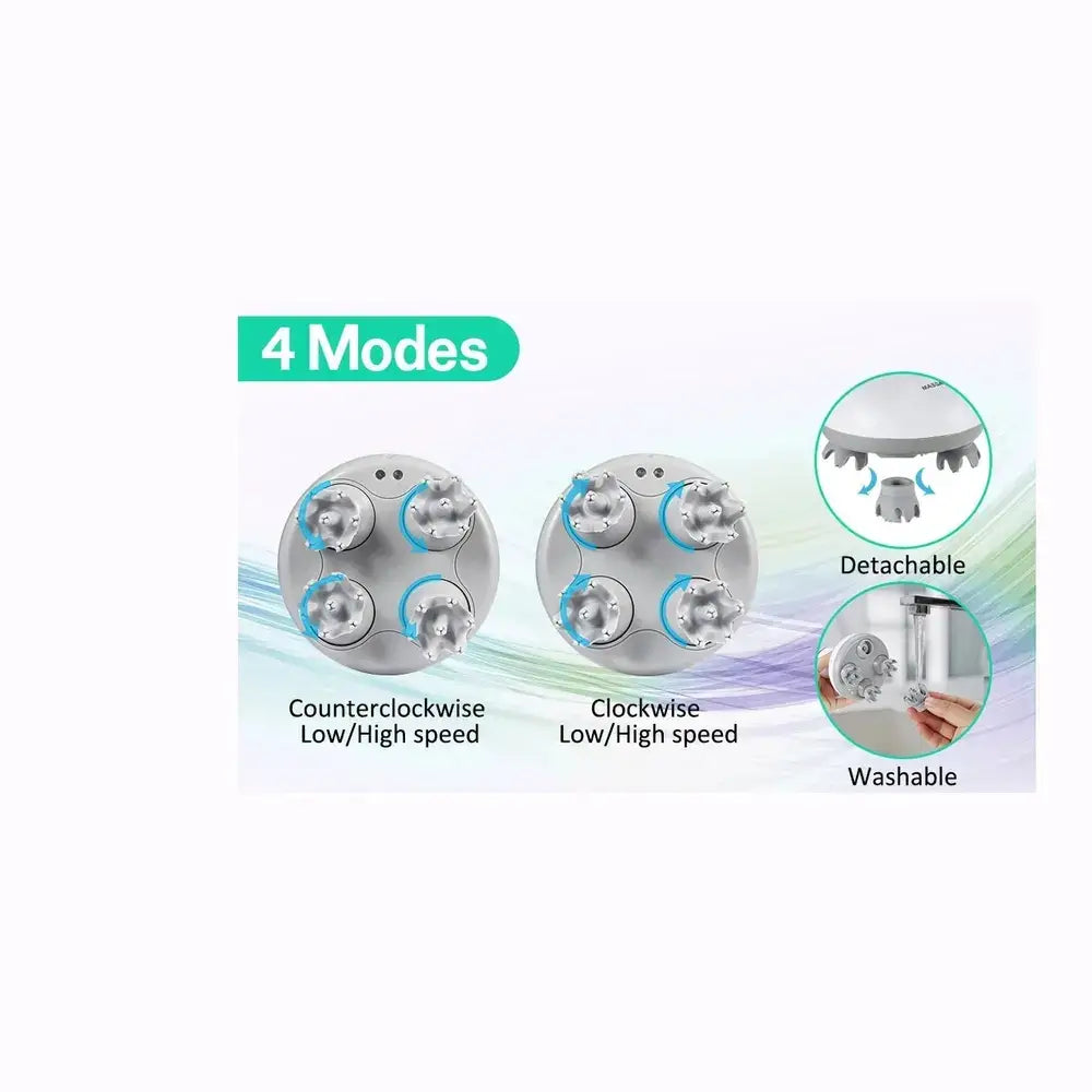 Waterproof electric scalp massager modes showing low/high speed options and detachable, washable components.