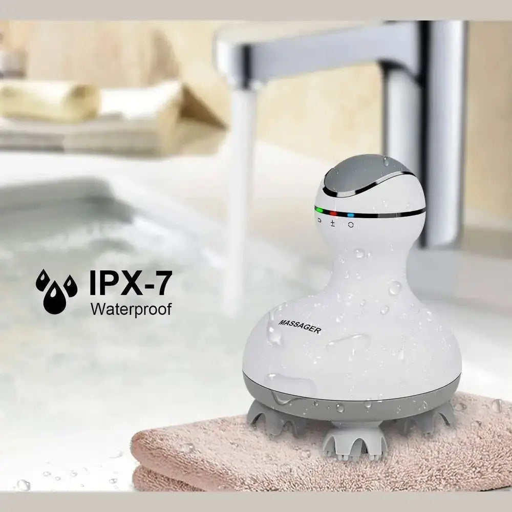 Waterproof electric scalp massager displayed in a bathroom setting, highlighting its IPX7 water-resistance feature.