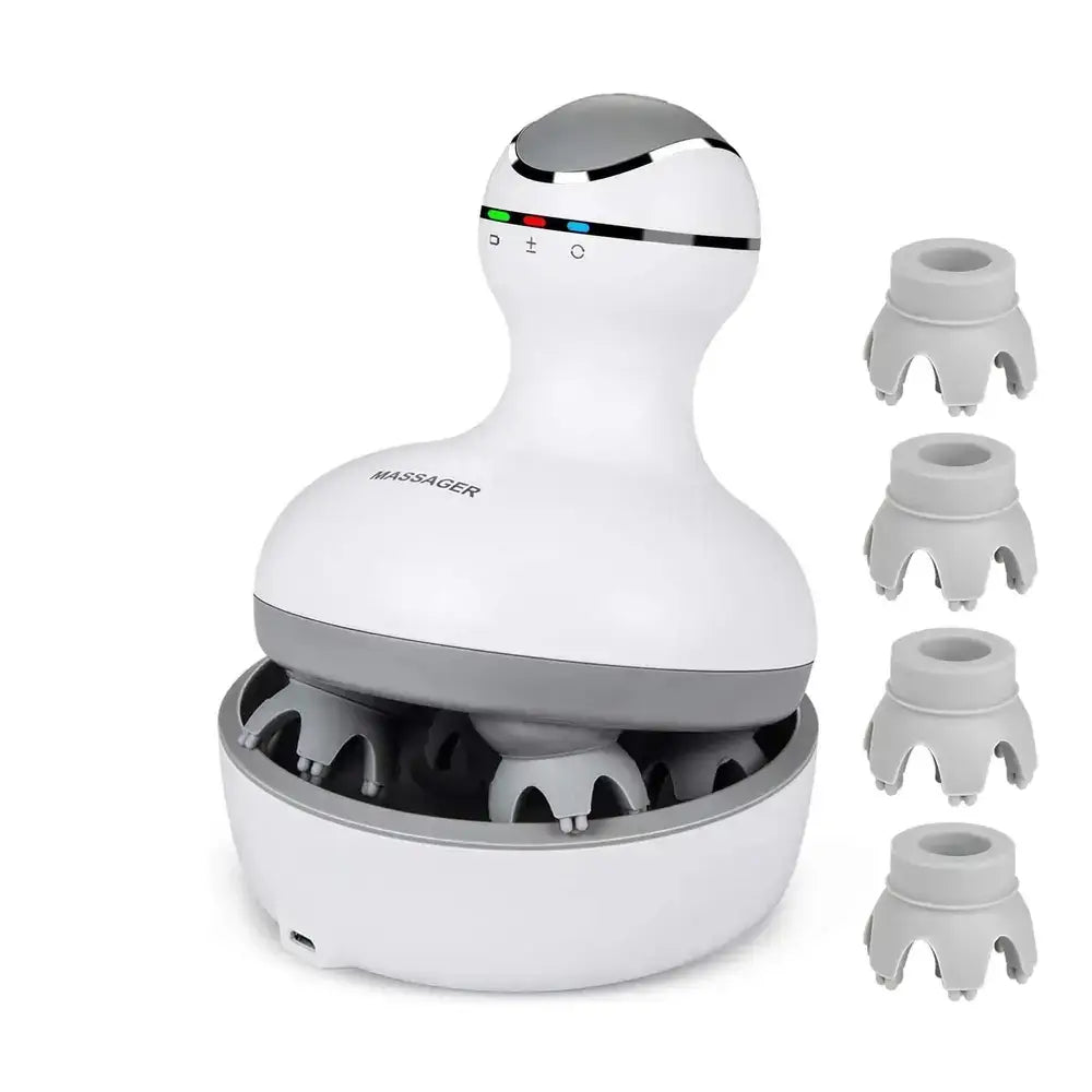 Waterproof electric scalp massager with 4 rotating heads, USB rechargeable design, and ergonomic grip for relaxing scalp care.