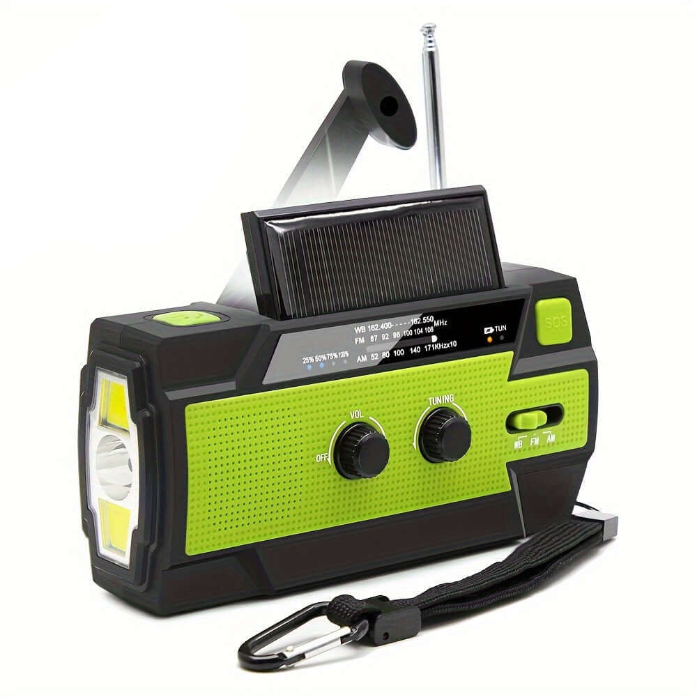 Emergency weather radio with 4000mAh power bank, solar and hand-crank charging, and LED flashlight.
