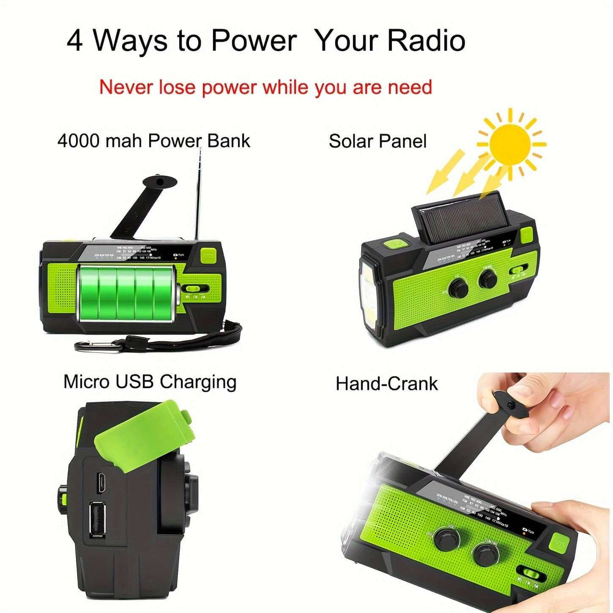 Emergency weather radio with 4000mAh power bank, solar and hand-crank charging, and LED flashlight.