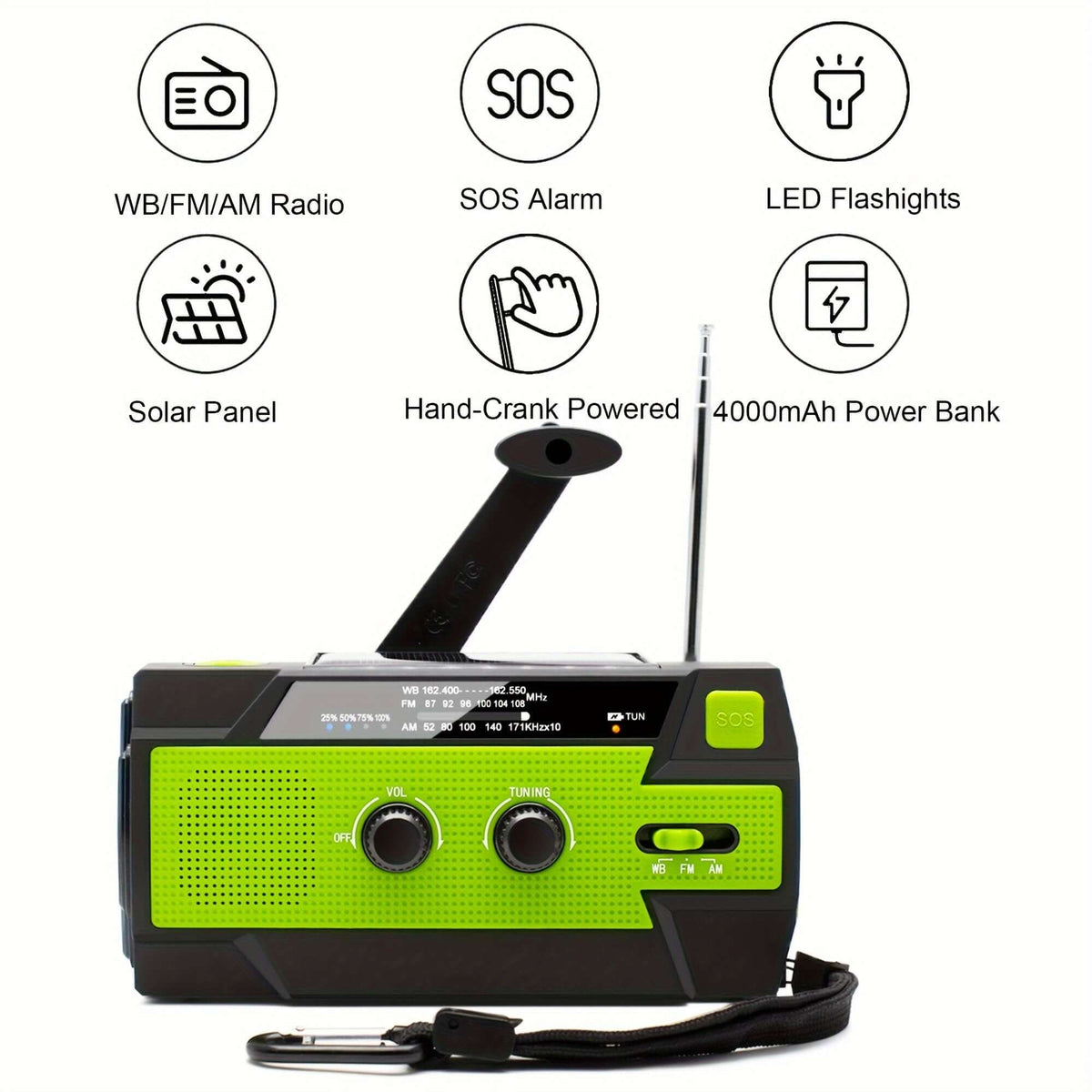 Emergency weather radio with 4000mAh power bank, solar and hand-crank charging, and LED flashlight.
