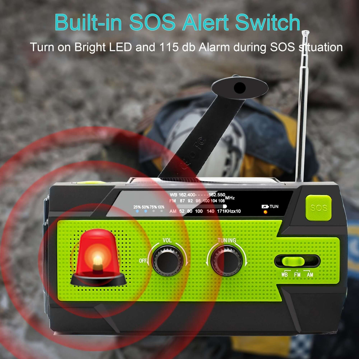 Emergency weather radio with 4000mAh power bank, solar and hand-crank charging, and LED flashlight.