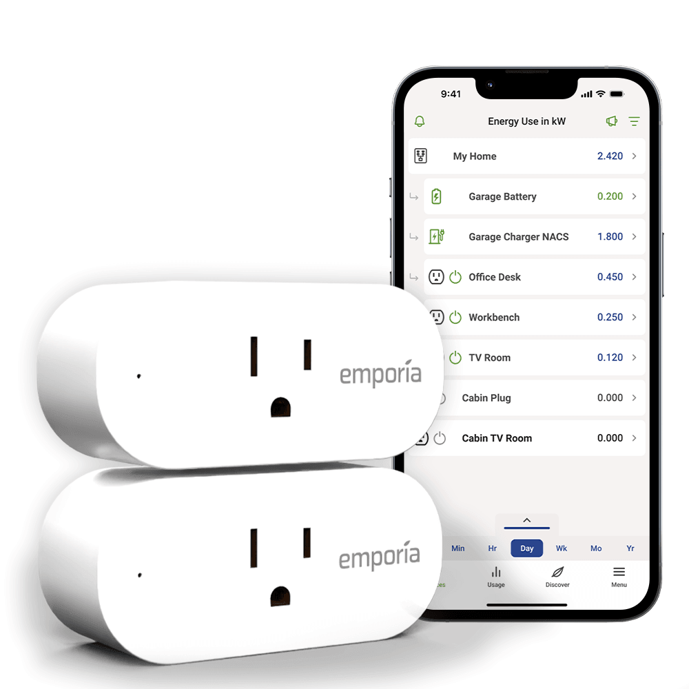 Emporia Smart Plug 2-Pack with energy monitoring and app showing energy usage details.