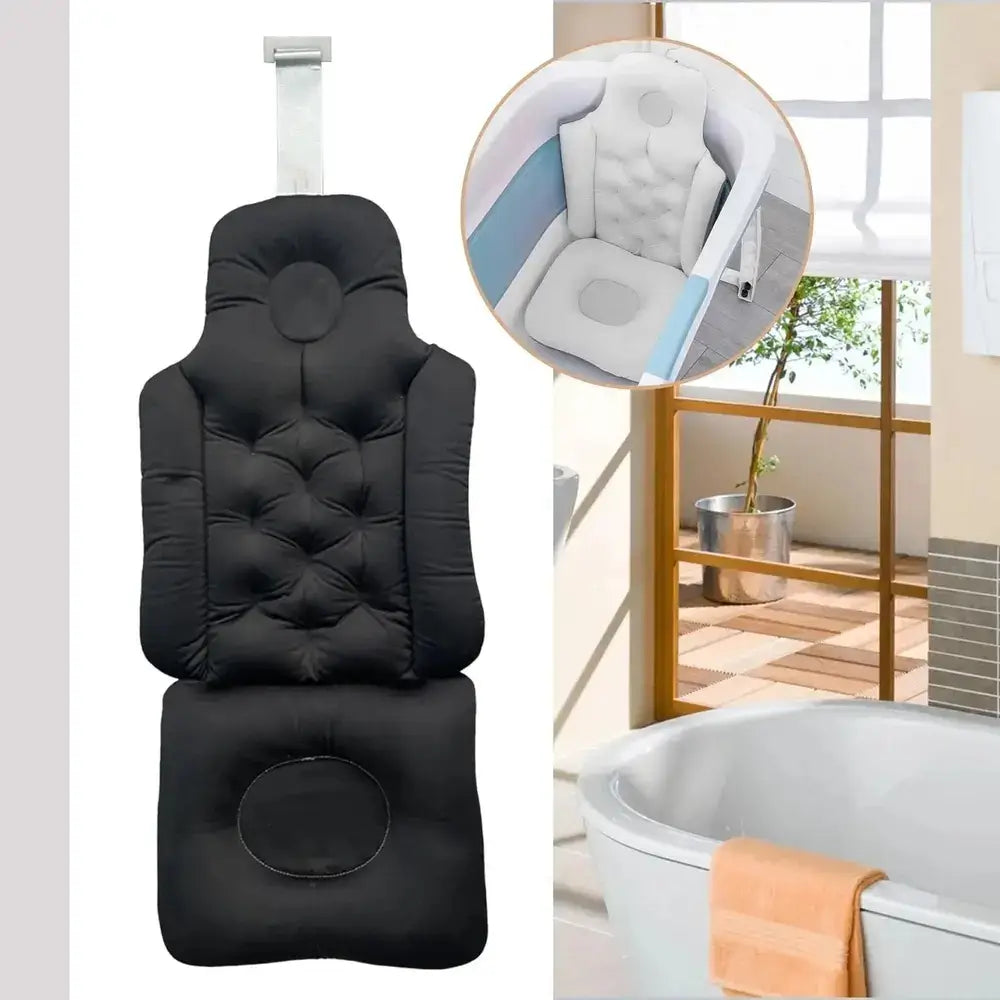 Ergonomic bath pillow and seat cushion in black for ultimate relaxation.