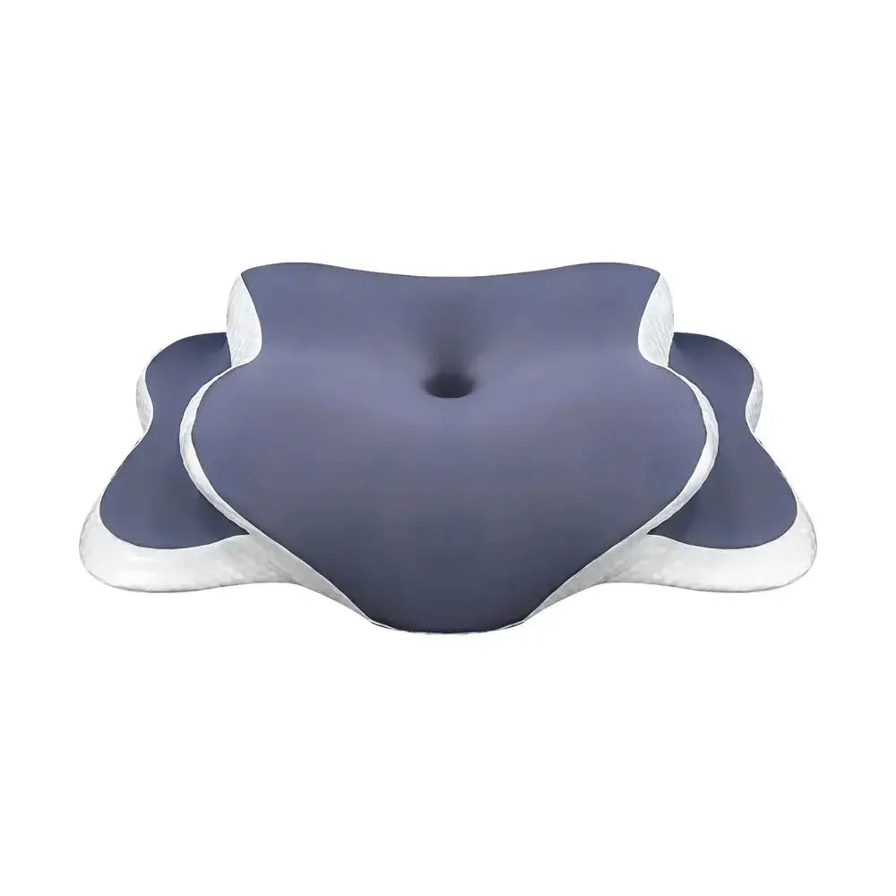 Contoured memory foam pillow dual height with butterfly shape and concave center for optimal support and comfort.