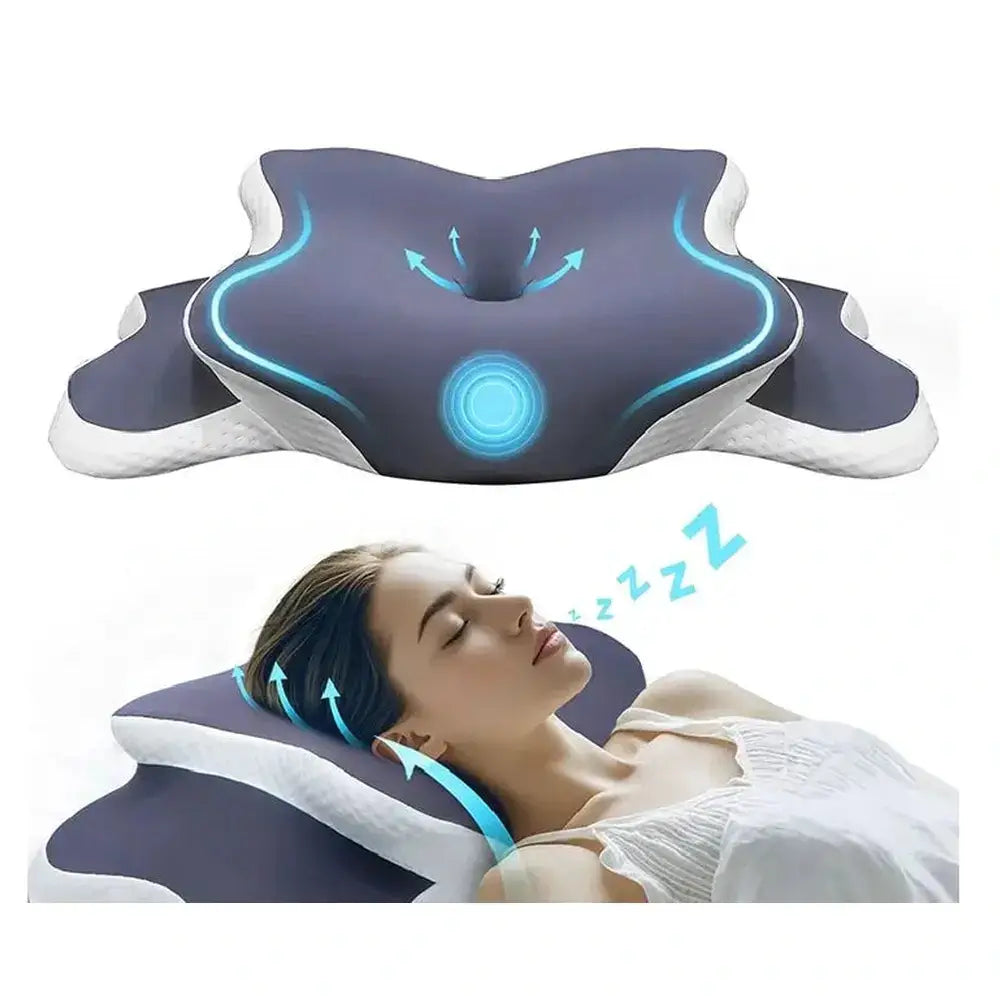 Contoured memory foam pillow dual height for customized comfort and support during sleep.