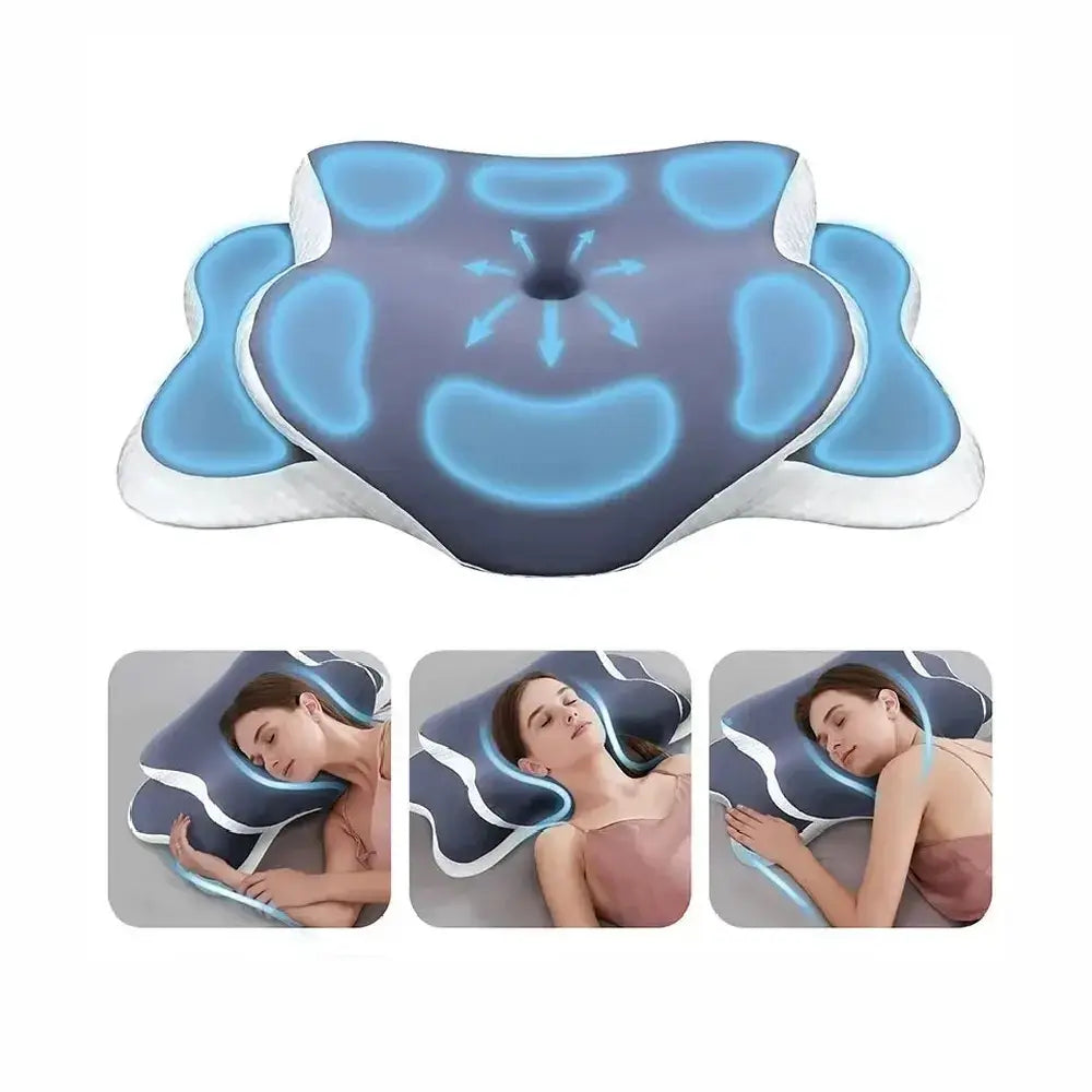 Contoured memory foam pillow dual height providing comfort and support for restful sleep with a unique butterfly shape.
