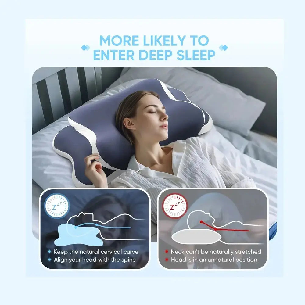 A woman resting comfortably on a contoured memory foam pillow dual height, promoting better spinal alignment.