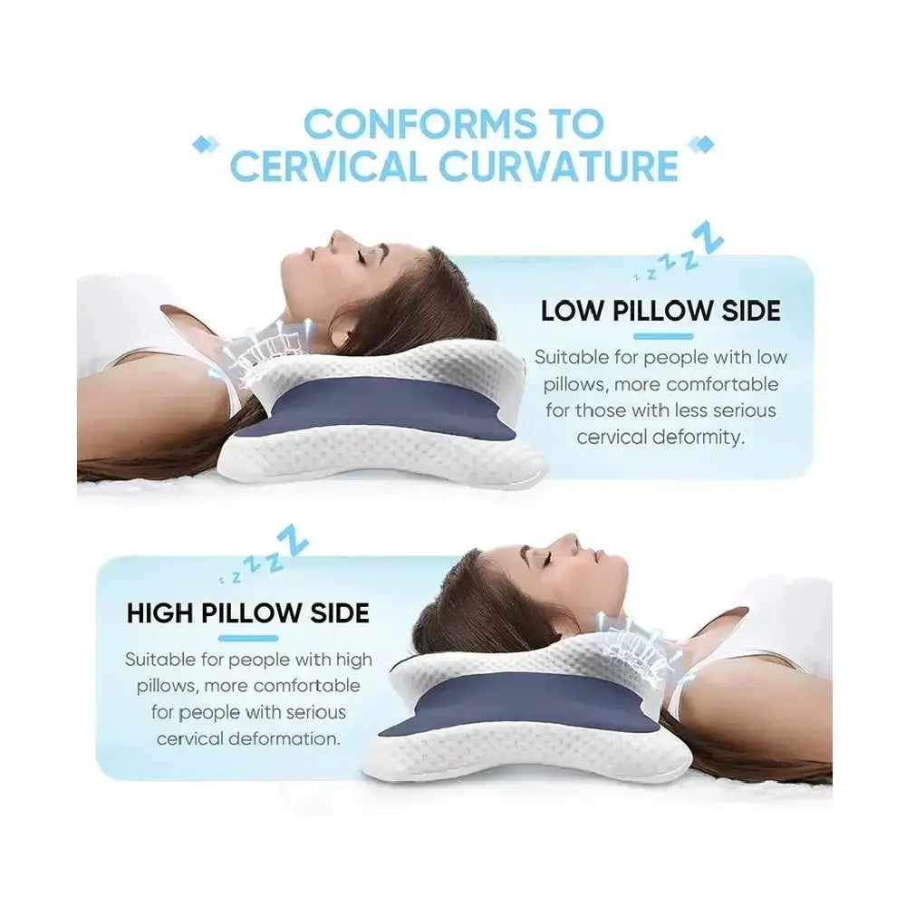 Contoured memory foam pillow dual height showing low and high pillow side for cervical support and comfort.