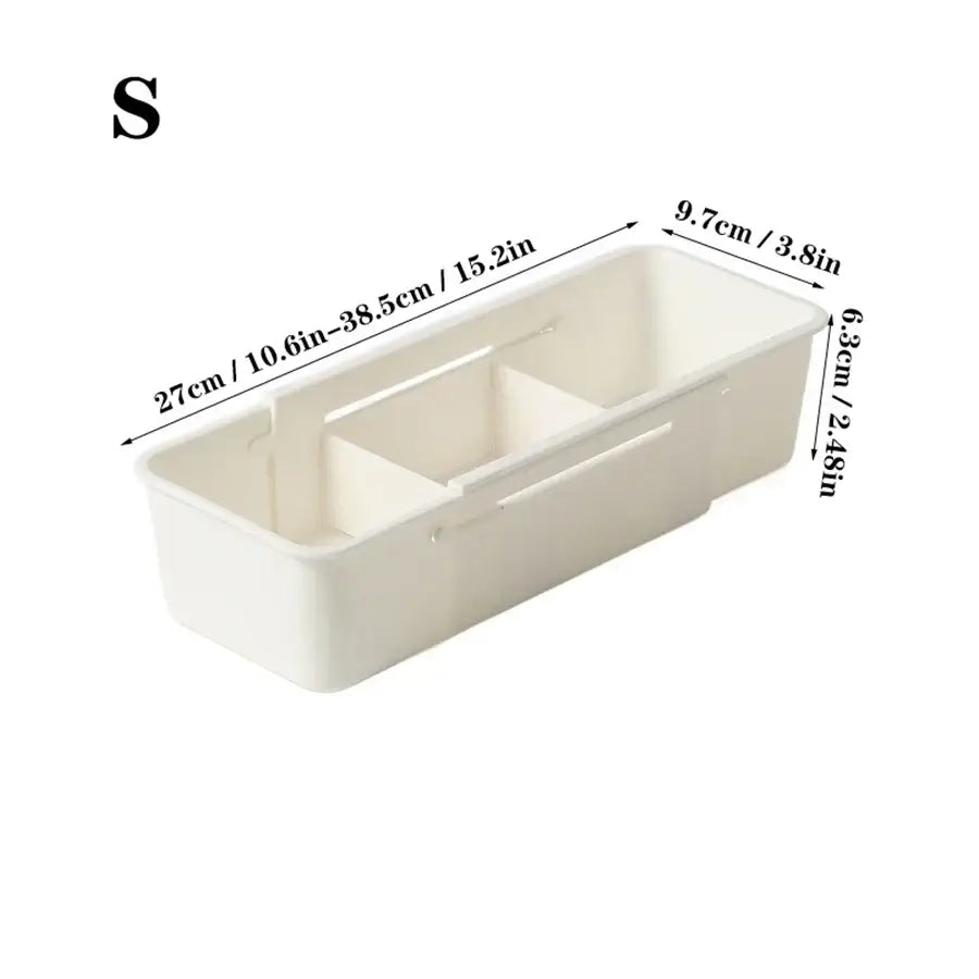 Expandable drawer organizer with dividers in white, ideal for organized storage of small items in home or office.