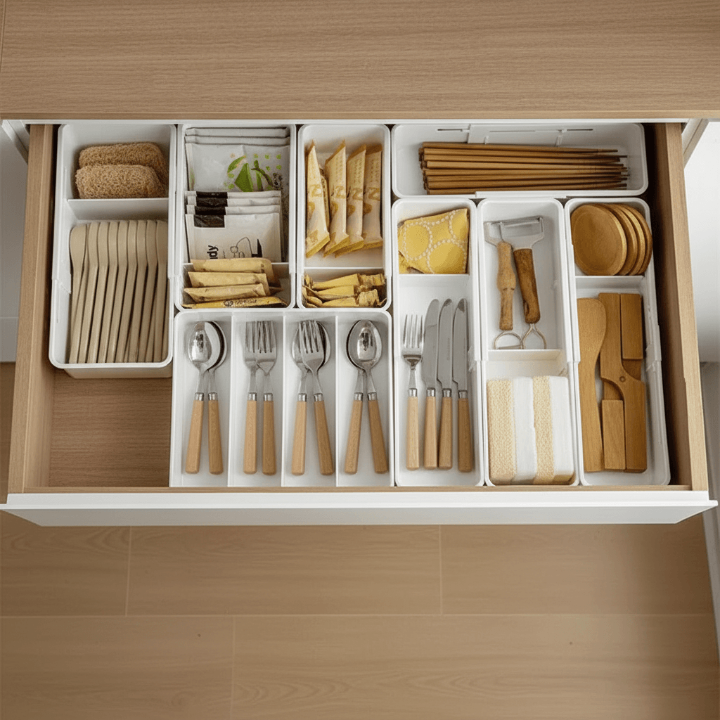 Expandable drawer organizer with dividers neatly stores utensils and accessories for an organized kitchen or office drawer.