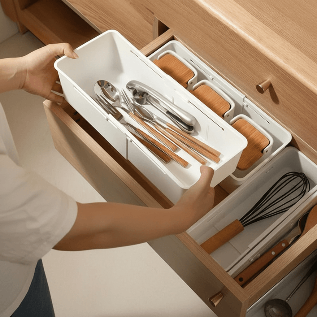 Person using an expandable drawer organizer with dividers to organize utensils and kitchen tools in a wooden drawer.