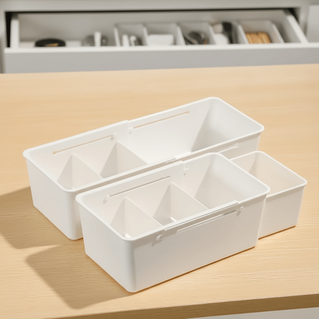 Expandable drawer organizer with dividers for tidy storage of small items on a wooden surface.